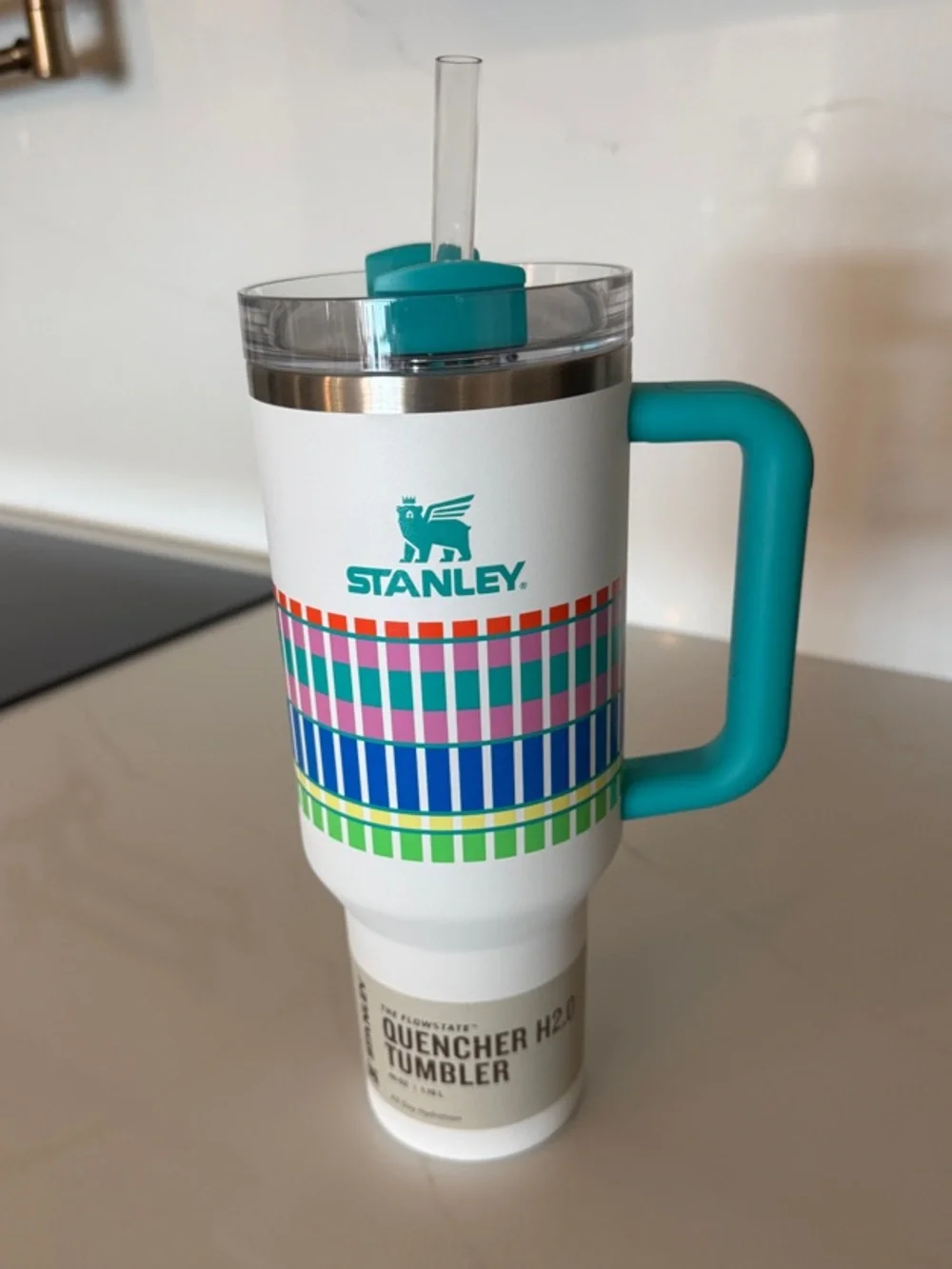 Stanley White Tumbler with Teal Handle and Multicolor Stripe - Picture 1 of 2